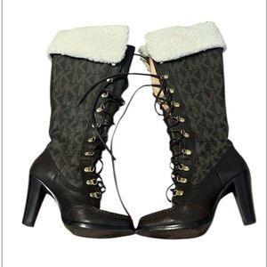 Michael Kors sz6.5 lace up brown leather boots w/removable faux fur tops EUC